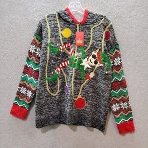 Celebrate Together Women Sweater Medium Gray Hooded Elf Holiday Long Sleeve‎ NWT